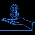 Continuous line hand holding dollar neon concept Royalty Free Stock Photo