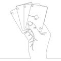 Continuous line Hand holding four aces cards Royalty Free Stock Photo