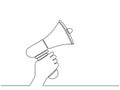 Continuous line of hand holding loudspeaker. Single line of a hand with megaphone. One line of hand hold megaphone isolated on