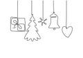 Continuous line hanging candy, ball, christmas tree, gift box, star and bell