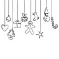 Continuous line hanging christmas tree, gift box, star, love, christmas hat and sock. Merry Christmas and Happy New Year theme