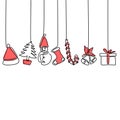 Continuous line hanging christmas tree, gift box, star, love, christmas hat and sock. Merry Christmas and Happy New Year theme