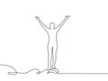 Continuous line of happy person raising his hand. Single line of people taking deep breath. One line of man doing yoga isolated on