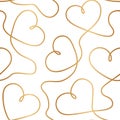 Continuous line hearts. Gold heart seamless pattern. Elegant outlined golden heart. Contemporary outline heart background for wedd