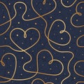 Continuous line hearts. Gold heart seamless pattern. Elegant outlined golden heart. Contemporary outline heart background for wedd