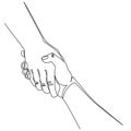 Continuous line Helping hand concept. Gesture, sign of help and hope. Two hands taking each other. Isolated illustration Royalty Free Stock Photo