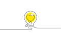 Continuous line idea icon. One light bulb silhouette. Electric lightbulb icon with heart background. Vector