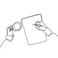 A continuous line of images written in an open book next to a cup of coffee and a smartphone. Writing a single line drawing design Royalty Free Stock Photo