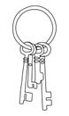 Continuous line keys on a ring. Minimalist key illustration for hotel room, castle. Vector element for real estate sale