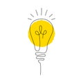 Continuous line light bulb icon. Hand drawing linear sketch of yellow lamp, business idea, brainstorm inspiration concept