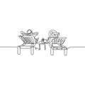 Continuous line Love couple relax on deckchair. Vector illustration.