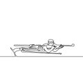 Continuous line Lying down biathlete aims. Vector illustration.