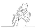 Continuous line Man blowing the trumpet instrument jazz Simple style hand drawn music style vector illustration. Continuous line