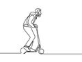 Continuous line man rides an electric scooter. Vector illustration.