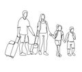 Continuous Line Parents with Children Travelling on Vacation. One Line Family with Baggage. Contour People with Luggage