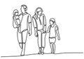 Continuous line parents walking with two children. Happy family holiday and spending time together. Mom and dad playing with their Royalty Free Stock Photo