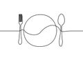 Continuous line plate, spoon and fork. Vector illustration.