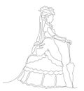 Continuous line portrait of standing young woman in victorian dress with sun umbrella. Royalty Free Stock Photo