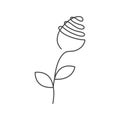 Continuous line rose with leaves. Abstract modern decoration, logo. Vector illustration. One line drawing of flower form