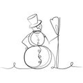 Continuous line snowman in hat and broom in hand Abstract line drawing vector illustration.Snowman stylized drawing