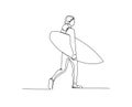 Continuous line of surfer holding surfoard. Surfer with longboard hand drawn minimalism style