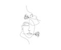 Continuous line of surreal faces , drawing of faces and rose flower. Women` faces in one line art style