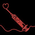 Continuous line Syringe with hearts neon concept