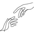 Continuous line vector illustration of two hands barely touching one another. Simple sketch of two hands made of one Royalty Free Stock Photo