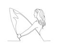 Continuous line of woman holding surfboard. Surfer and surfboard hand drawn minimalism style