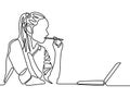 Continuous line woman thinking and bitting a pen. Woman education.