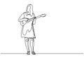 Continuous line young girl plays Ukulele music theme one hand drawing vector illustration. Cute and beauty woman standing on stage Royalty Free Stock Photo
