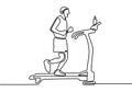 Continuous line of young sporty man training speed run with treadmill. Sports at home. Fitness stretching concept. Dynamic single