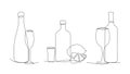 Continuous lines glass and bottles. One line champagne, wine and tequila with lemon slice. Vector isolated alcoholic