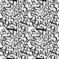 Continuous numbers pattern repeatable.Seamless pattern with black hand drawn numbers and mathematical symbols randomly placed ov