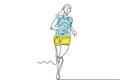 Continuous one drawn line silhouette of running athlete girl runner minimalism design with colors. Vector woman run on street