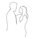 Continuous one drawn single line of romantic embrace of two lovers, newlyweds, young people. Loving couple hugging