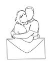 Continuous one drawn single line of romantic embrace of two lovers, newlyweds, young people. Loving couple hugging Royalty Free Stock Photo