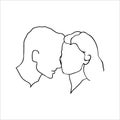 Continuous one drawn single line of romantic kiss of two lovers, newlyweds, young people.Loving couple embracing and