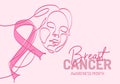 Continuous one line art background of National Breast Cancer Awareness month with pink ribbon and abstract woman face isolated on Royalty Free Stock Photo