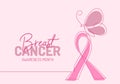 Continuous one line art background of National Breast Cancer Awareness month with pink ribbon and butterfly isolated on pink Royalty Free Stock Photo