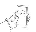 Continuous one line art drawing of hand using mobile phone