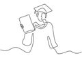 Continuous one line art drawing of happy graduation student wearing graduation hat. College, school pupil celebrating graduation Royalty Free Stock Photo