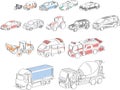 Continuous one line art minimal vector icons transportation small and big cars automotives automobiles