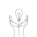 Continuous one line bulb in hands of man - eco idea