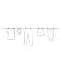 Continuous one line clothes dry on a rope. Vector illustration.