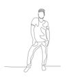 Continuous one line dancing man with fashion haircut in creative dance pose. Vector illustration.