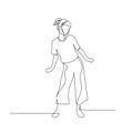 Continuous one line dancing woman with hair bang and ponytail. Vector illustration.