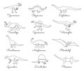 Continuous one line dinosaur. Prehistoric animals, jurassic dino monsters. giant reptiles vector illustration set