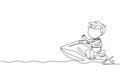Continuous one line drawing active boy riding jet ski. Happy smiling child with rides water scooter on ocean waves. Summer water