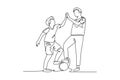 Continuous one line drawing active father and son playing football together on outdoor field and giving high five gesture. Happy Royalty Free Stock Photo